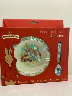 Vintage BunnyKins by Royal Doulton Feeding Bowl & Spoon Picnic Scene